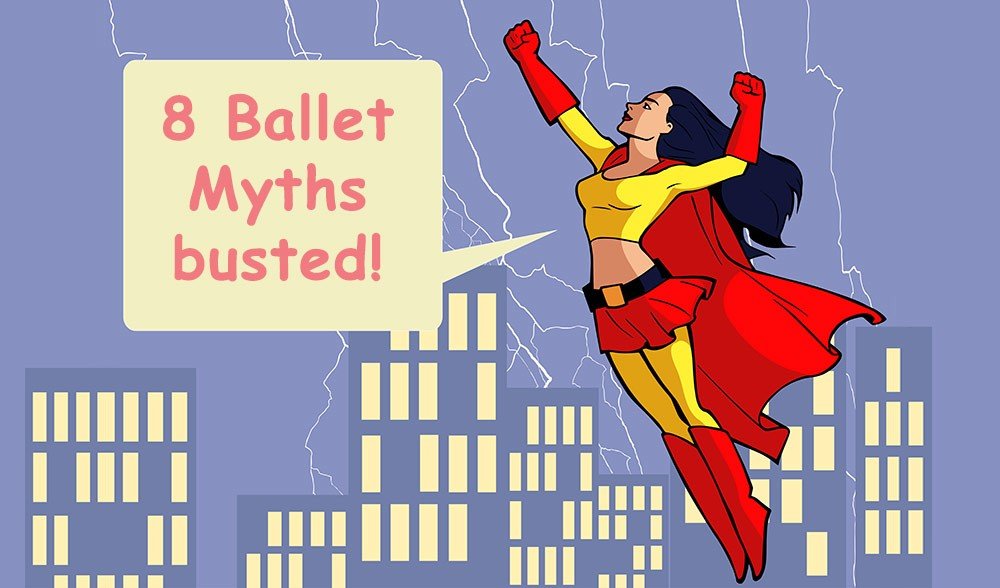 Illustration of Dancer and Superwoman flying in the city and busting 8 myths about Ballet